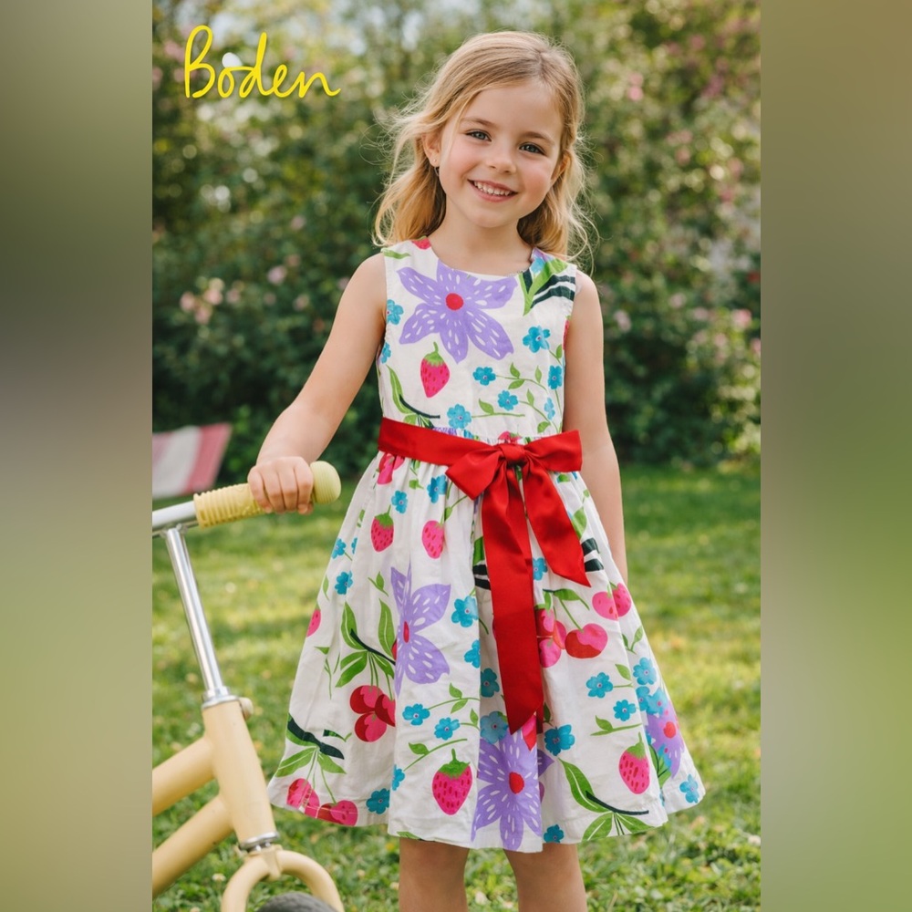 EUC Mini Boden Colorful Floral Fruit Linen Blend Ribbon Dress, 5-6, MSRP $89